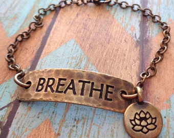 Breathe Bracelet- Meditation Yoga Breathe Lotus - Brass Breathe Bracelet Lotus Charm - Breathe Bar Brass -B46