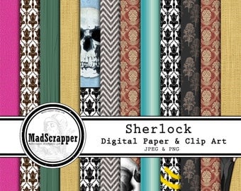 Digital Scrapbook Sherlock Holmes Backgrounds 12 Patterns 5 Solids 12 x 12 Instant Download PLUS Clipart