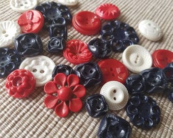 Vintage Buttons - Cottage chic mix of red, white and navy blue lot of 29 old and sweet( may 21 17)