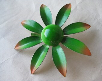 Flower Enamel Green Orange Brooch Vintage Pin