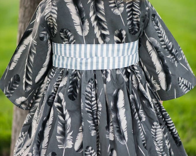 Elegant Grey Dress for Girls - Toddler Clothes - Feather Print - Kimono Dresses - Tea Party Birthday - Photo Shoot - Handmade - 2T to 14 yrs