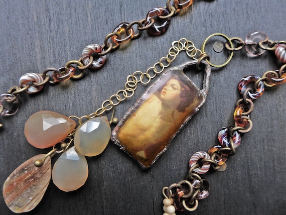 Resin pendant necklace with lampwork beaded chain - “Ever Young”