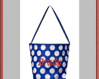 Royal Blue Polka Dot Easter Bucket. Personalized Halloween Bucket. Boys Easter Basket. Kids Easter OR Halloween Tote Bag.