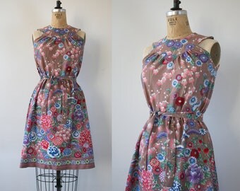 vintage 1970s dress / 70s floral dress / 70s border print dress / 70s sundress dress / 70s day dress / 70s belted dress / small medium