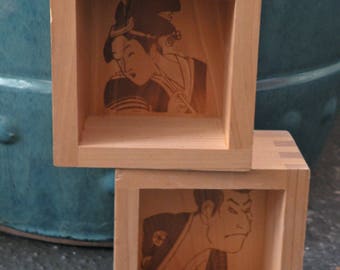 Geisha And Samurai Art - wooden cube art - wood-burning art - Asian art - Japanese art - art on wood - OOAK art - pair - troppobella