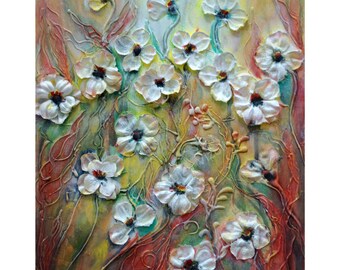SALE---Original Flowers Painting Modern Collage Art on Canvas by Luiza Vizoli Ready to Ship Artwork