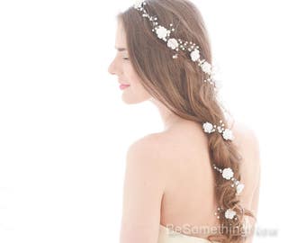 Extra Long Wedding Hair Vine Beaded Wedding Headpiece with Pearls Rhinestones and Flowers Floral Hair Vine