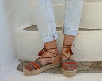 Espadrille Sandals. Lace up Espadrilles in Orange. Boho Women's Sandals. Hippie Greek Sandals. Gift for Her