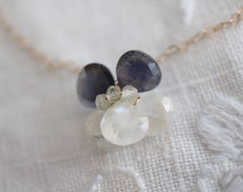 Gold Necklace White and Blue Viola 14k Gold Filled