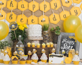 BEE day Birthday Party Kit Bumble bee themed 1st birthday, 2nd birthday, 3rd birthday Cute Printable Ochre + Grey honeycomb & stripes decor