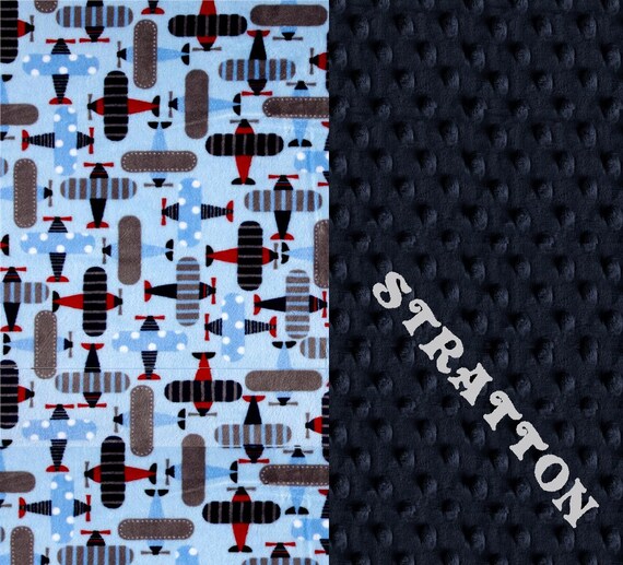 Minky Baby Blanket Boy / Personalized Baby Blanket // Gray Navy red Blue Airplane Blanket // Blue Plane Blanket // Receiving Blanket