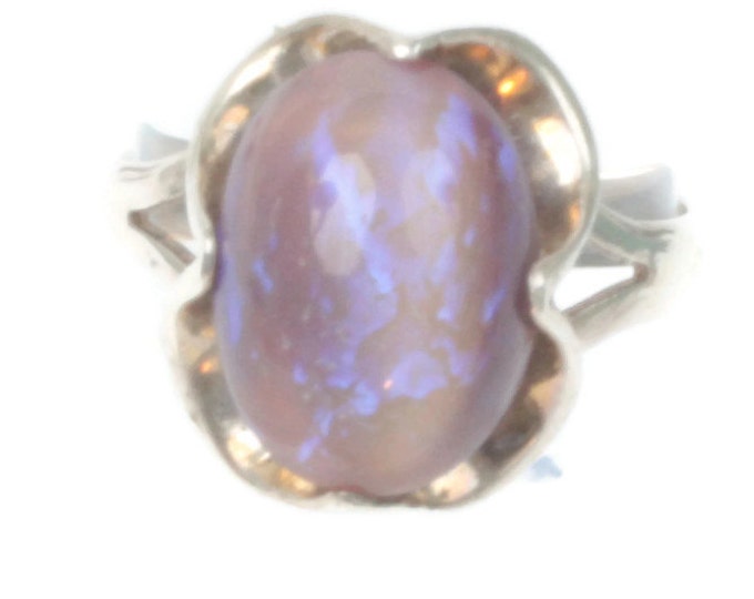 Fire Opal Art Glass Cab Sterling Ring Size 8 Vintage