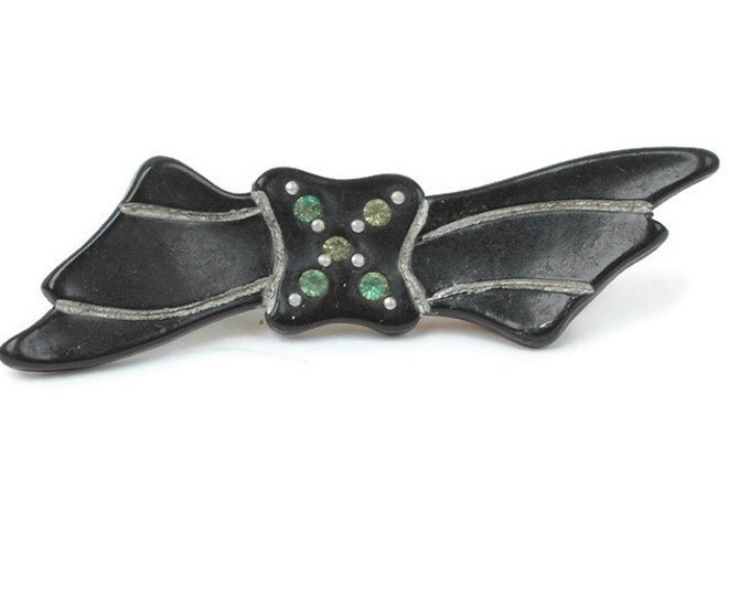 Black Celluloid Bow Pin Etched with Rhinestones Vintage 1930s