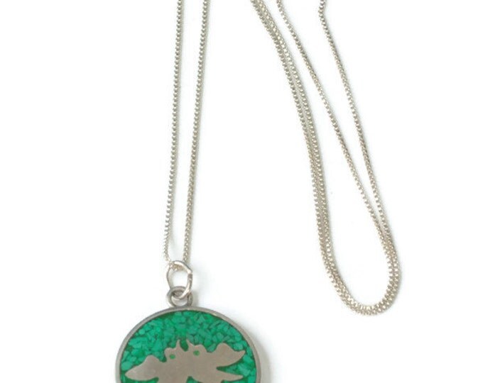 Two Doves Birds Crushed Green Stone Pendant Necklace Sterling Mexico