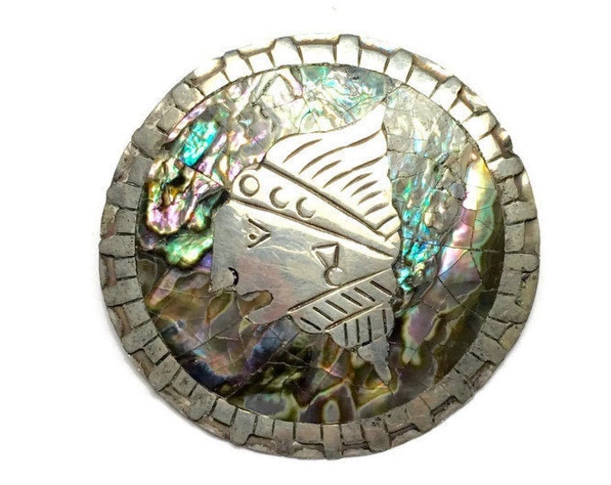 Pre-Columbian Abalone Brooch Sterling Eagle 2 Mark Tribal Signed CF Vintage