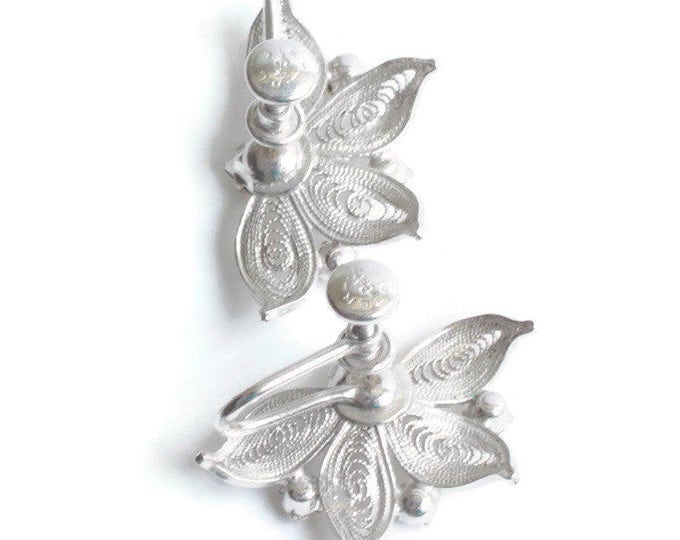 Sterling Filigree Earrings Clear Crystals Leaves Carl Art Signed Screw Back Vintage