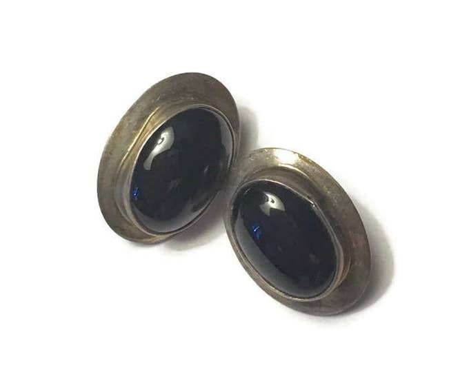 Sterling and Onyx Post Earrings Oval Modernist Signed