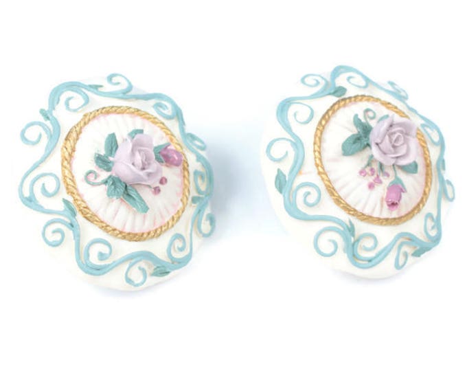 Applied Floral Design Ceramic Earrings Clip Backs Vintage