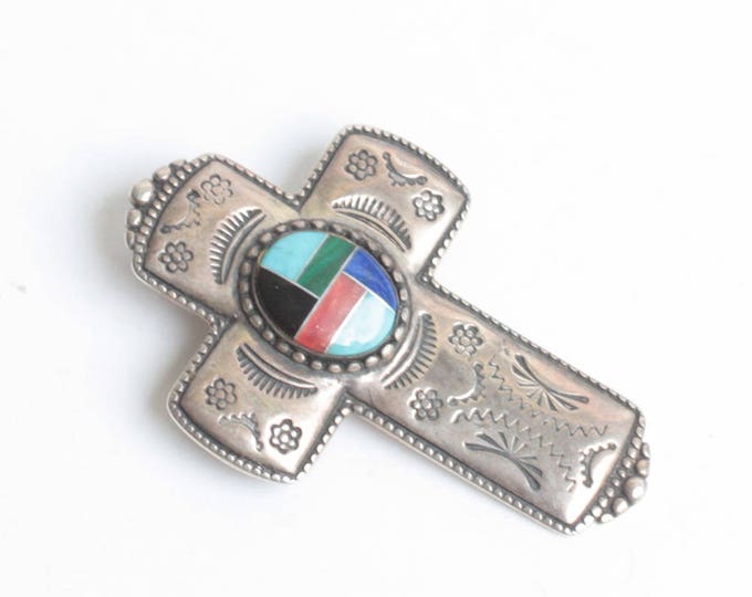 Carolyn Pollack Relios Sterling Cross Pendant Enhancer Brooch Inlaid Stone Vintage