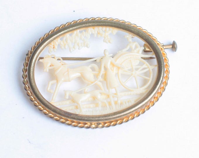 Carved Celluloid Oval Brooch Silhouette Horse and Buggy Woman with Dog Vintage