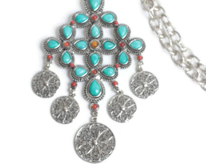 Graziano Turquoise Bead Necklace Cross Shaped Filigree Dangles Statement Piece