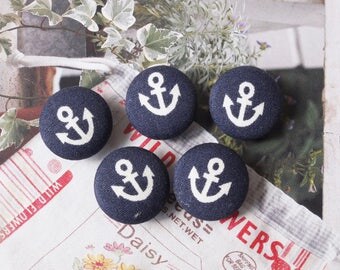 Small Simple White Nautical Marine Geometric Anchors On Dark Blue-Handmade Fabric Covered Buttons(0.55 Inches, 5PCS)