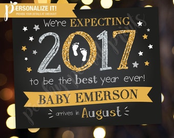 New Years Eve Pregnancy Announcement Sign Poster Chalkboard Glitter Expecting Reveal // Personalized Printable // 8x10 // 11x14 // Custom