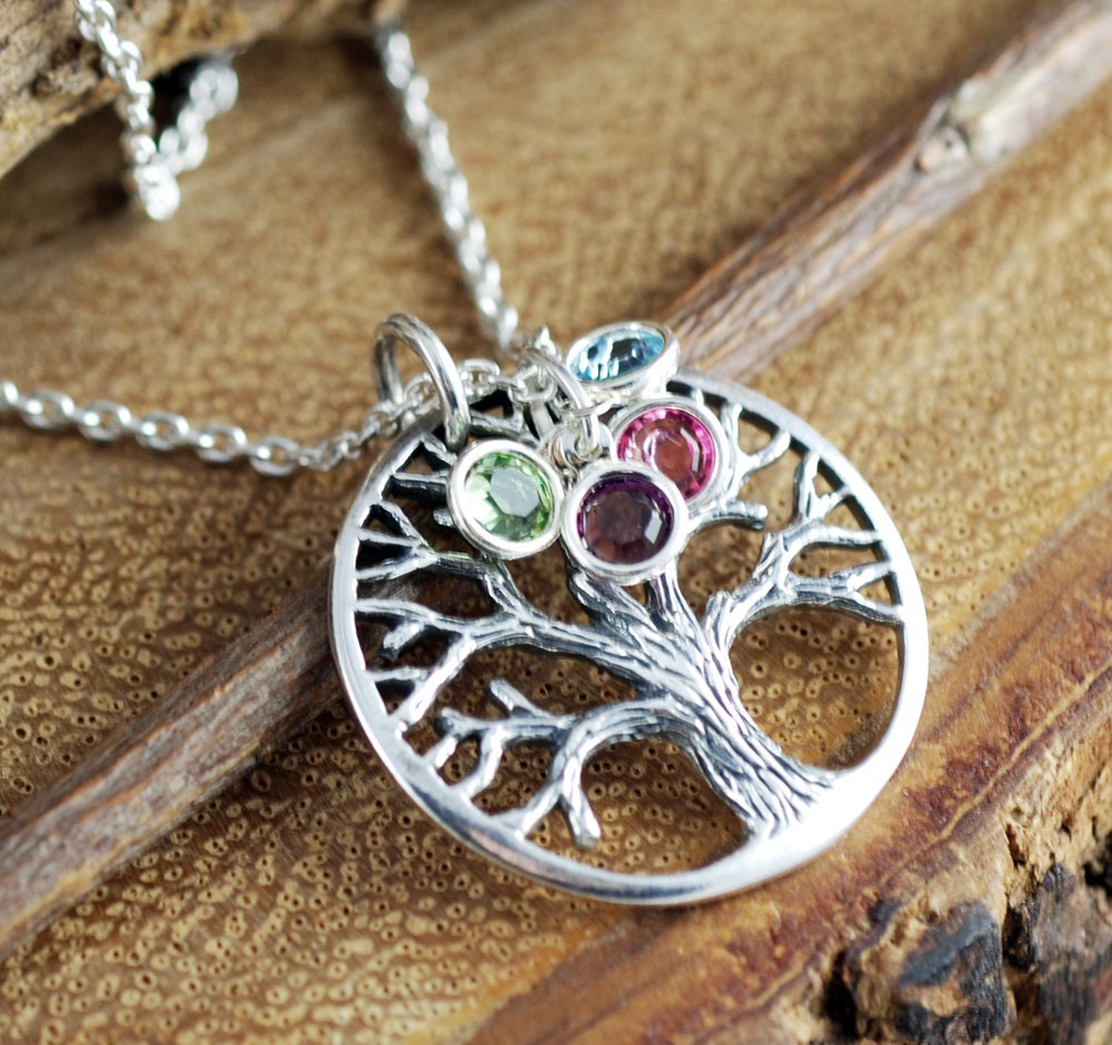 Silver Family Tree Necklace Grandmother Jewelry Birthstone