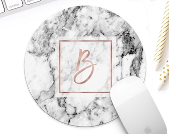 Rose gold marble Monogram mouse pad for her, white marble mouse pad, rose gold desk accessories, rose gold decor, gold desk accessories