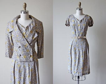 1950s Christian Dior Dress Set - Vintage 50s Silk Dior Dress - Grey Mustard Silk Cocktail Party Jacket Dress Belt S