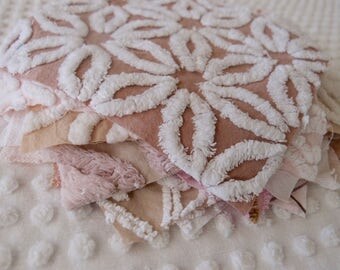 Vintage Chenille Fabric Quilt Squares - 12 - 8" squares pink & beige, all different - 500-108
