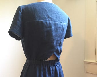 Split Back, Elastic Waist, Short Sleeve, 100% Linen Dress, Pockets