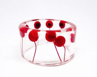 Size Medium Red Button Flowers Botanical Resin Bangle. Pressed Flowers. Personalized Engraved Jewelry. Personalized Bracelet. Gift for Her