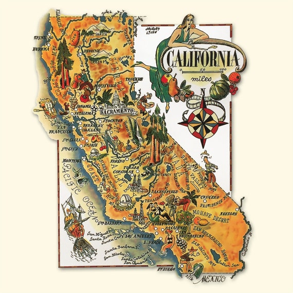 California 1950 Archival Print Giclee Vintage Map Jacques