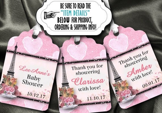 12 Favor Tags, Gift Tags, Wedding, Bridal, Baby Shower, Birthday, Anniversary, French Theme, Paris Eiffel Tower, Pink Roses, Hearts Il_570xn