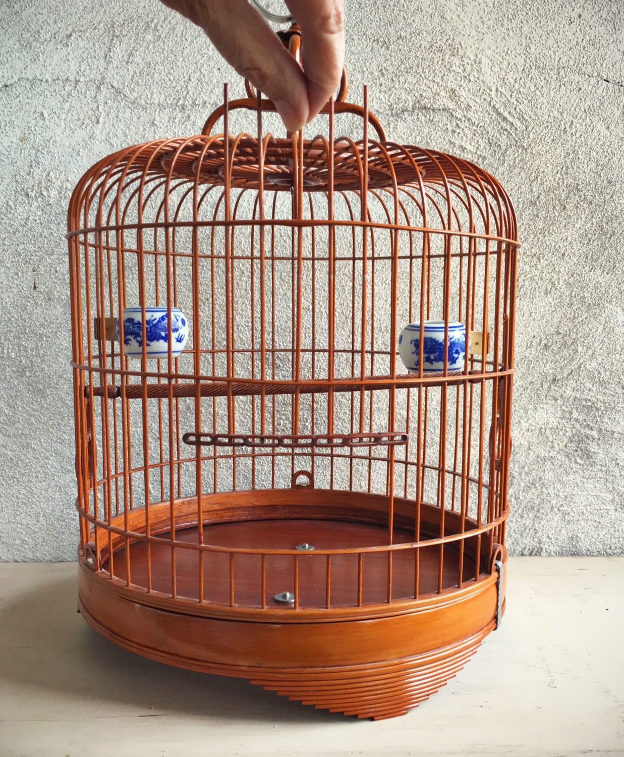 Vintage Chinese bamboo bird cage with porcelain feeders, antique bird ...