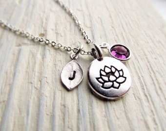 Lotus Necklace Personalized with Leaf Initial and Birthstone, Lotus Flower Jewelry, Lotus Pendant, Lotus Charm, Yoga Gifts, Yoga Jewelry