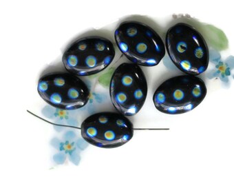 Vintage Glass Beads Swirl Lentil Oval Unique Czech Polka Dots Blue Silver Art Deco Preciosa 1104B