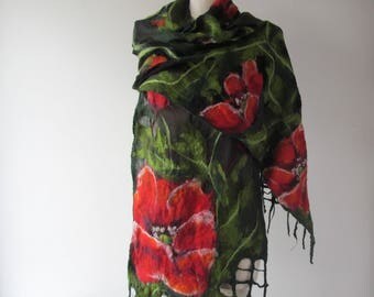 Nuno Felted scarf Poppy scarf red green flower silk scarf black women scarf by Galafilc