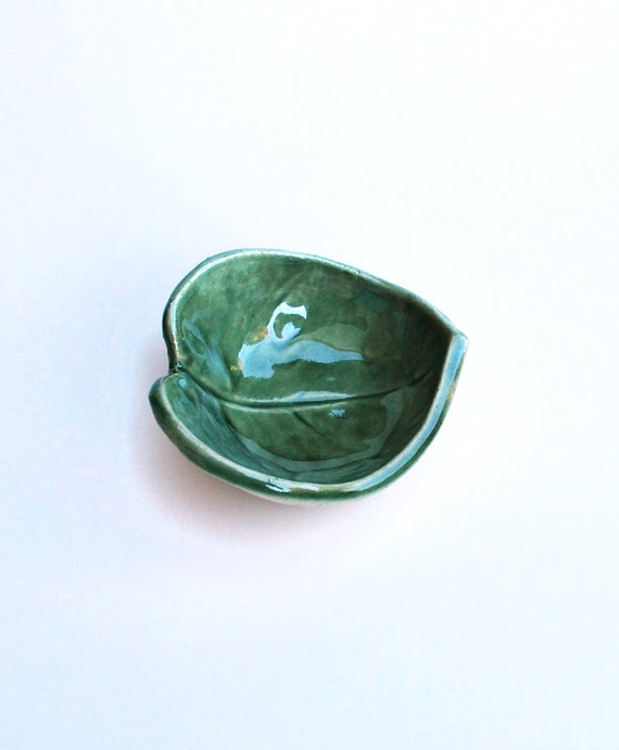 Tiny Green Leaf Bowl Ceramic Pottery Ring Dish