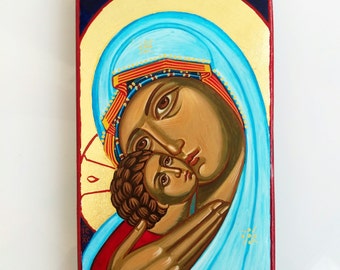 Madonna with Christ child - orthodox style handpainted icon of Virgin Mary and Baby Jesus - 6 1/2 by 4 inches