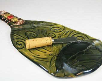 Flattened, Melted,Slumped Textured Wine Bottle Cheese, Gift for the Person who has everything, Dragonfly Melted Wine Bottle Platter