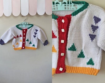 vintage baby's cardigan - TRIANGLES hand knit cotton sweater / 12-18M