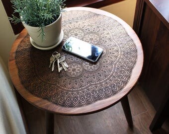 Engraved Hardwood End / Side Table or Night Stand - Geometric Modern Mid Century Design Boho Illustration