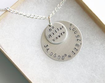 No Matter Where Necklace Coordinate Jewelry, Personalized Coordinate Jewelry, BFF Gifts Travel Necklace, Coordinate Hand Stamped