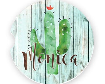 Monogrammed Sandstone Cactus Turquoise Washed Wood Watercolor Personalized Car Coasters Personalized Gift Birthday Gift Custom Car Coaster