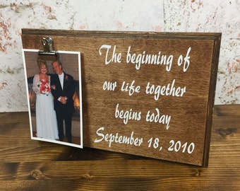 Personalized Plaque/Picture Frame with Routed Edges That Holds 4 x 6 Inch Photo, Clip Display Frame, Wedding Keepsake