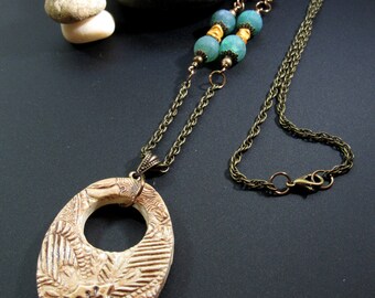Pendant Necklace, Boho Necklace, Tribal Necklace, Polymer Clay Necklace, Long Necklace, Gift for her