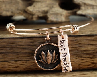 Lotus Bracelet, Rose Gold Lotus Bangle Bracelet, Personalized Yoga Bracelet, Gift for Yoga Lover, Yoga Inspired, Just Breathe Jewelry