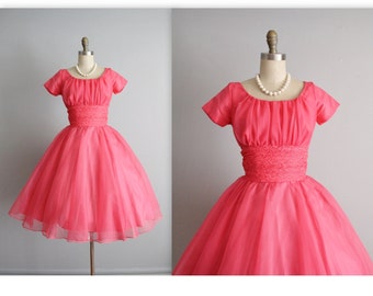 50's Chiffon Dress // Vintage 1950's Hot Pink Chiffon Lace Party Prom Dress XS